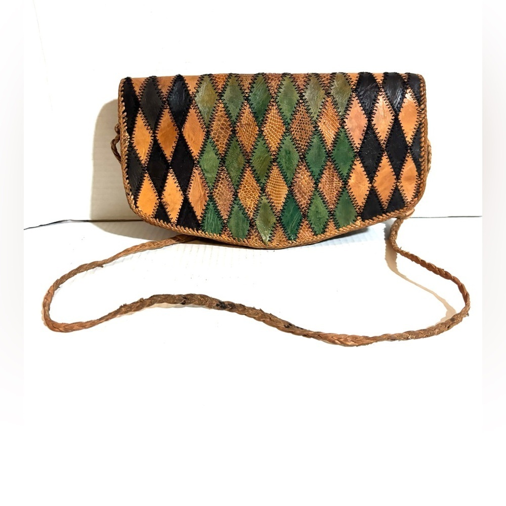 Vintage snakeskin Multicolor Diamond-Pattern Leather Crossbody Bag